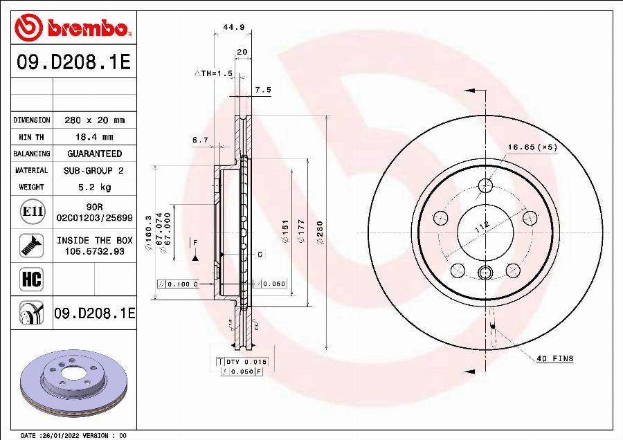 Brembo 09.D208.1E - Спирачен диск vvparts.bg