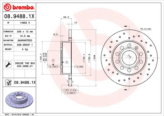 Brembo 08.9488.1X - Спирачен диск vvparts.bg