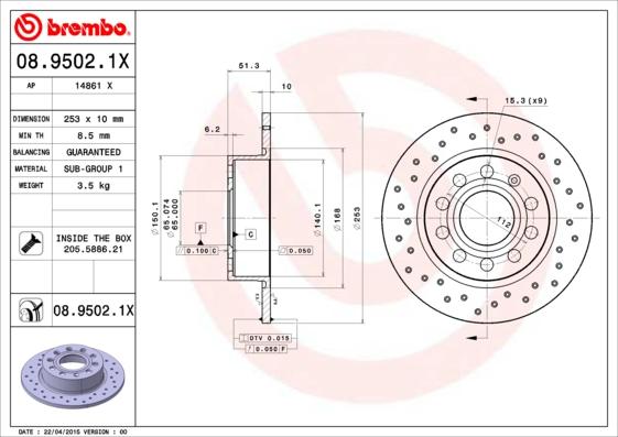 Brembo 08.9502.1X - Спирачен диск vvparts.bg