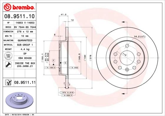 Brembo 08.9511.10 - Спирачен диск vvparts.bg