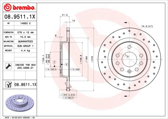 Brembo 08.9511.1X - Спирачен диск vvparts.bg