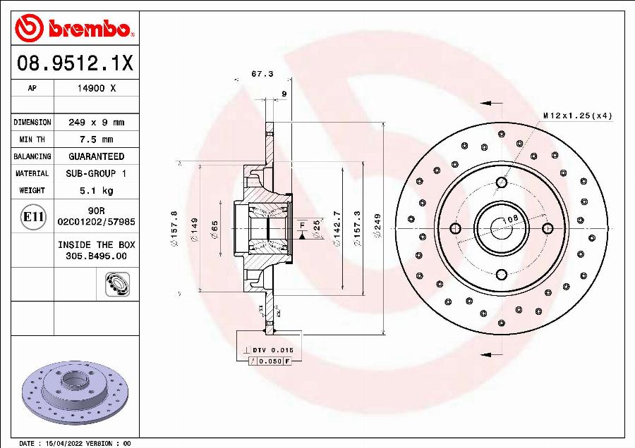 Brembo 08.9512.1X - Спирачен диск vvparts.bg