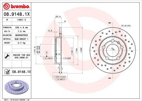 Brembo 08.9148.1X - Спирачен диск vvparts.bg