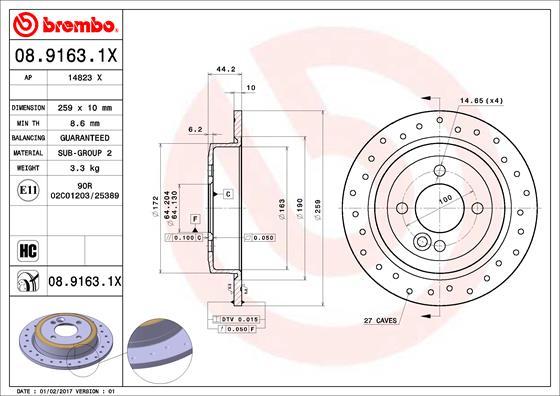 Brembo 08.9163.1X - Спирачен диск vvparts.bg