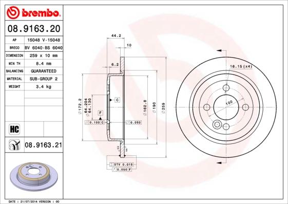 Brembo 08.9163.21 - Спирачен диск vvparts.bg