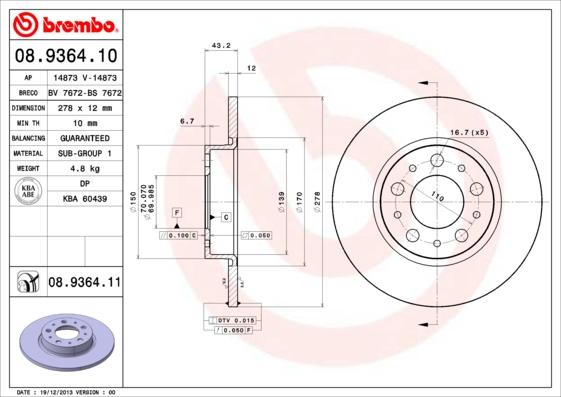 Brembo 08.9364.11 - Спирачен диск vvparts.bg