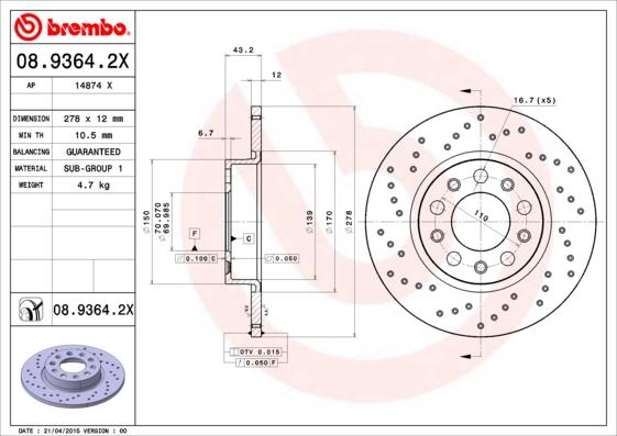 Brembo 08.9364.2X - Спирачен диск vvparts.bg