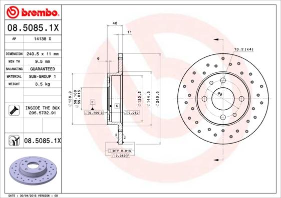 Brembo 08.5085.1X - Спирачен диск vvparts.bg