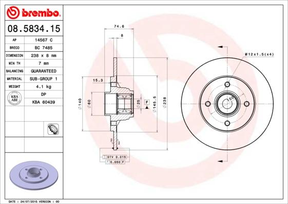 Brembo 08.5834.15 - Спирачен диск vvparts.bg