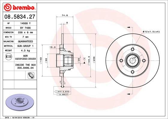 Brembo 08.5834.27 - Спирачен диск vvparts.bg