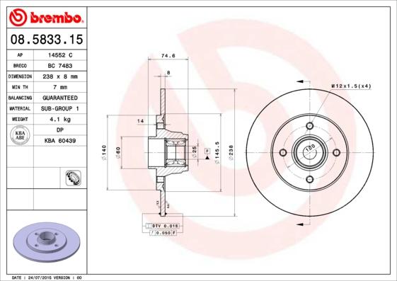 Brembo 08.5833.15 - Спирачен диск vvparts.bg