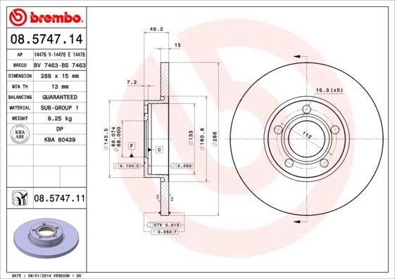 Brembo 08.5747.11 - Спирачен диск vvparts.bg