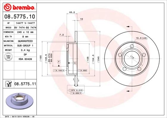 Brembo 08.5775.10 - Спирачен диск vvparts.bg