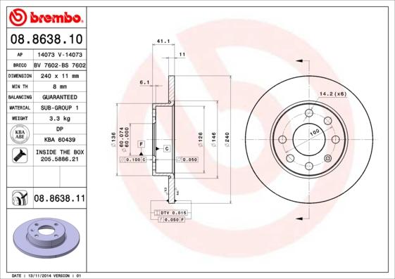 Brembo 08.8638.11 - Спирачен диск vvparts.bg