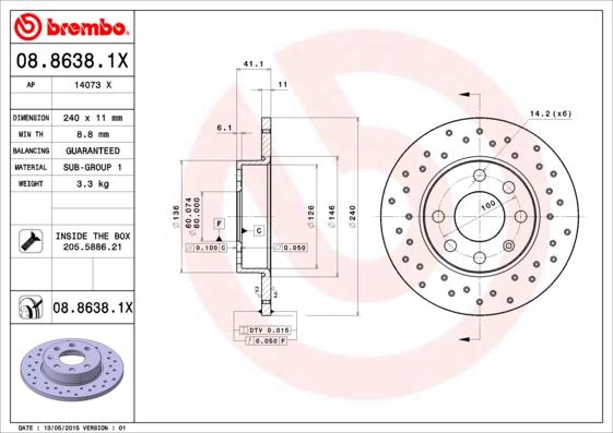 Brembo 08.8638.1X - Спирачен диск vvparts.bg