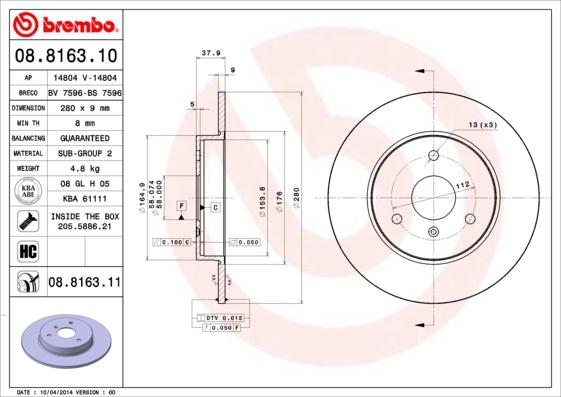 Brembo 08.8163.10 - Спирачен диск vvparts.bg