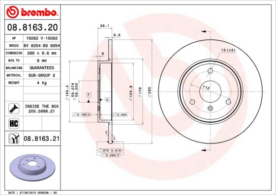 Brembo 08.8163.20 - Спирачен диск vvparts.bg