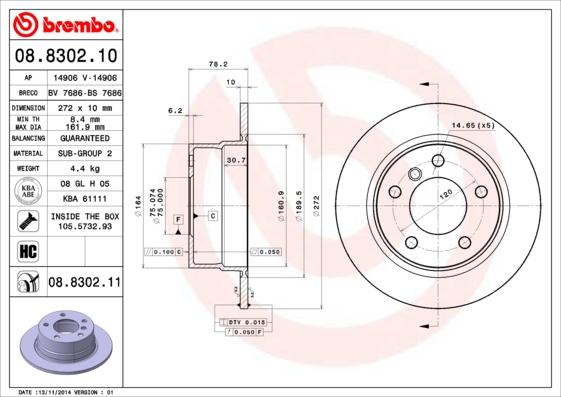 Brembo 08.8302.11 - Спирачен диск vvparts.bg