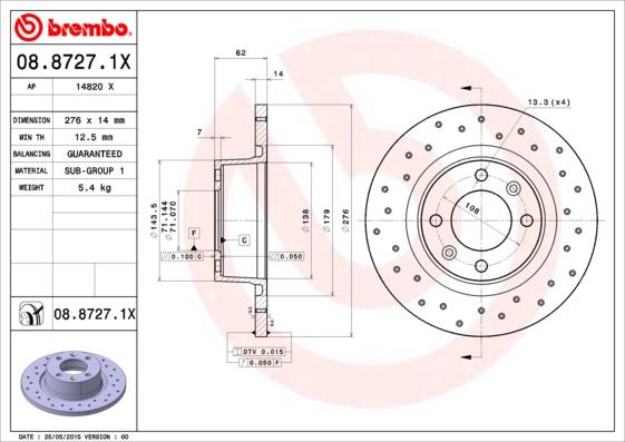 Brembo 08.8727.1X - Спирачен диск vvparts.bg