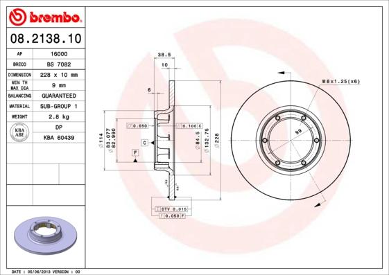 Brembo 08.2138.10 - Спирачен диск vvparts.bg