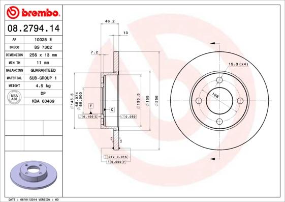 Brembo 08.2794.14 - Спирачен диск vvparts.bg