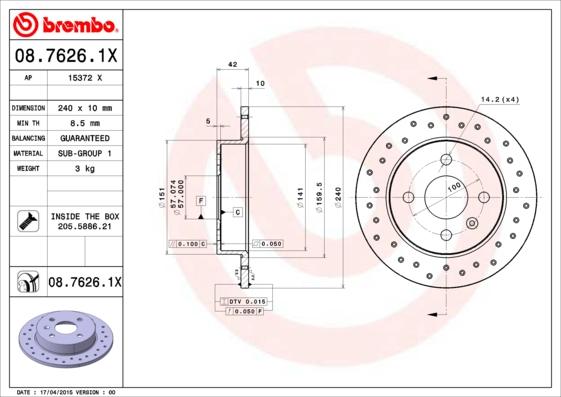 Brembo 08.7626.1X - Спирачен диск vvparts.bg