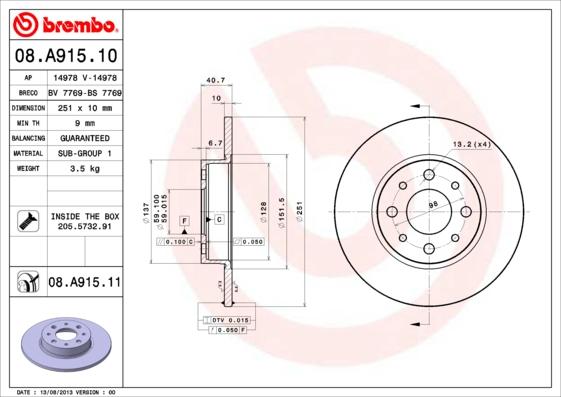 Brembo 08.A915.11 - Спирачен диск vvparts.bg