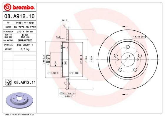 Brembo 08.A912.11 - Спирачен диск vvparts.bg