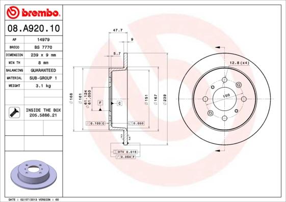 Brembo 08.A920.10 - Спирачен диск vvparts.bg