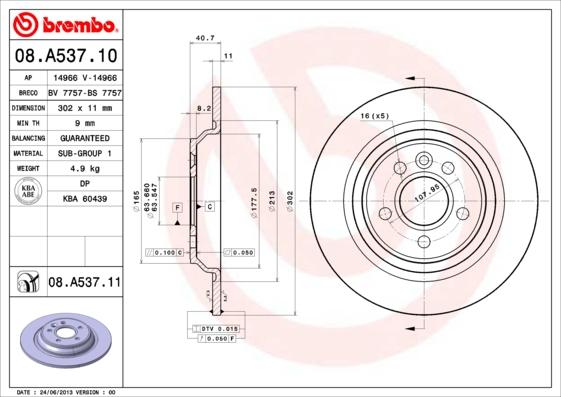 Brembo 08.A537.11 - Спирачен диск vvparts.bg