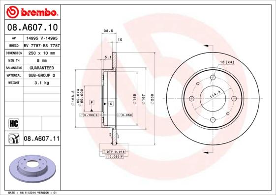 Brembo 08.A607.11 - Спирачен диск vvparts.bg