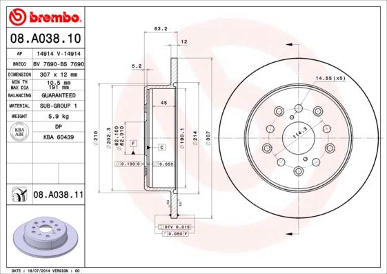 Brembo 08.A038.10 - Спирачен диск vvparts.bg