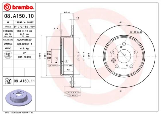 Brembo 08.A150.10 - Спирачен диск vvparts.bg