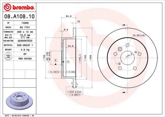 Brembo 08.A108.10 - Спирачен диск vvparts.bg