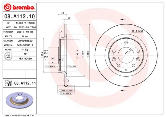 Brembo 08.A112.10 - Спирачен диск vvparts.bg