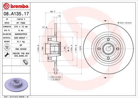 Brembo 08.A135.17 - Спирачен диск vvparts.bg