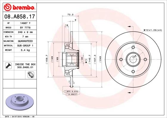 Brembo 08.A858.17 - Спирачен диск vvparts.bg