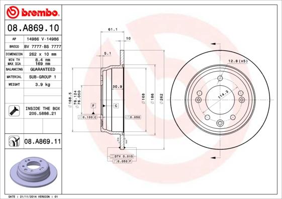Brembo 08.A869.11 - Спирачен диск vvparts.bg