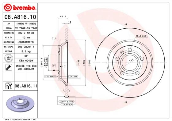 Brembo 08.A816.10 - Спирачен диск vvparts.bg