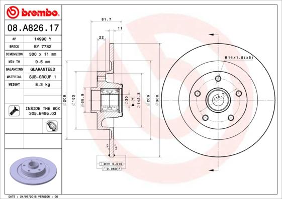 Brembo 08.A826.17 - Спирачен диск vvparts.bg