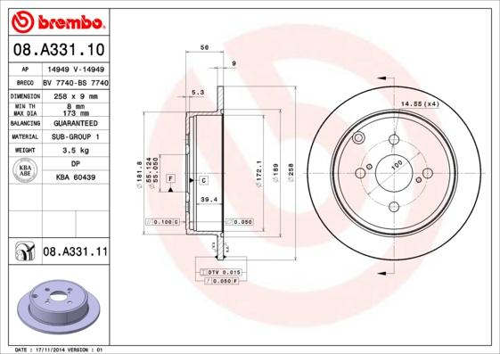 Brembo 08.A331.11 - Спирачен диск vvparts.bg