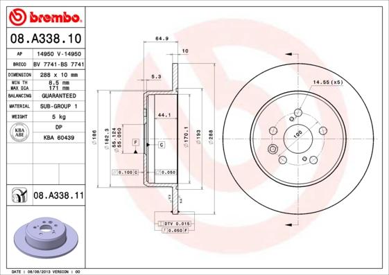 Brembo 08.A338.11 - Спирачен диск vvparts.bg