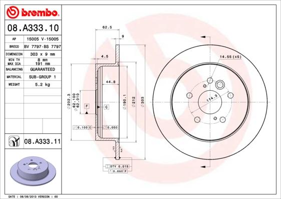 Brembo 08.A333.10 - Спирачен диск vvparts.bg