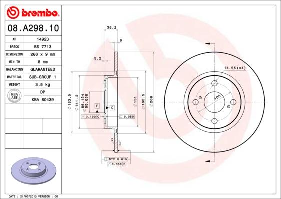 Brembo 08.A298.10 - Спирачен диск vvparts.bg