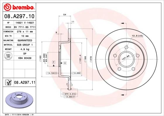 Brembo 08.A297.11 - Спирачен диск vvparts.bg