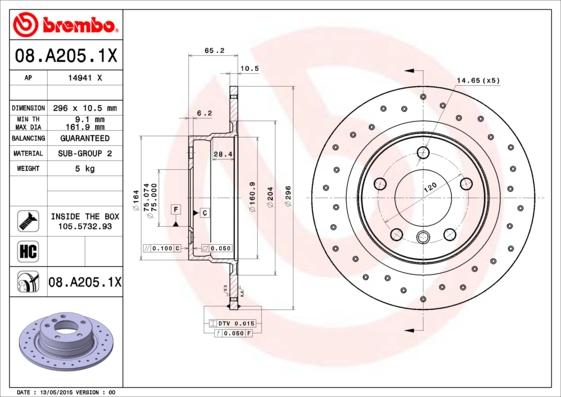 Brembo 08.A205.1X - Спирачен диск vvparts.bg