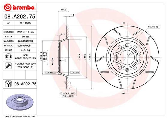 Brembo 08.A202.75 - Спирачен диск vvparts.bg