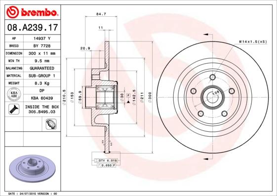 Brembo 08.A239.17 - Спирачен диск vvparts.bg