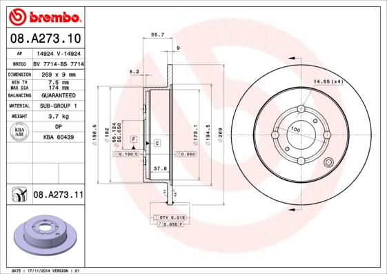 Brembo 08.A273.11 - Спирачен диск vvparts.bg