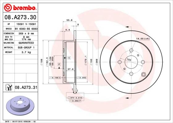 Brembo 08.A273.30 - Спирачен диск vvparts.bg